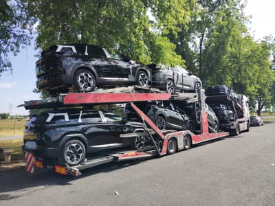 A car carrier truck loaded with several black cars is parked on the side of a paved road in Magnet, France. The truck is a large, multi-level vehicle designed to transport multiple automobiles. The cars appear to be new and are in various positions on the carrier's ramps and platforms. The scene is set outdoors, with lush green trees providing a backdrop, and a bright sky overhead. A few other vehicles, including a grey sedan, are visible in the distance. The road surface is asphalt, and there are some scattered leaves on the ground. The overall impression is one of a commercial transportation operation in a semi-rural setting.