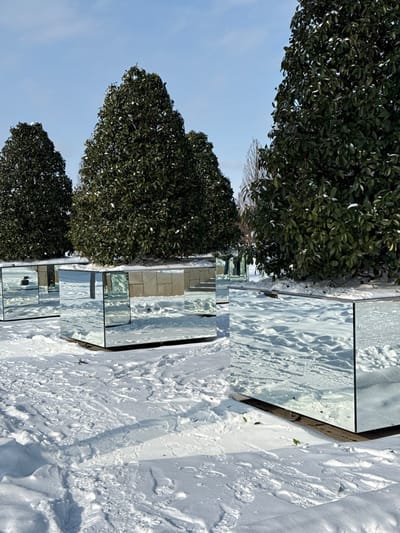 The image displays an outdoor winter scene in the city of Plodorodny, Russia, under a clear blue sky. The ground is extensively covered with white snow, exhibiting numerous footprints and disturbed areas. Several large, evergreen trees with dense, dark green foliage are situated within distinct, rectangular, cube-shaped planters. These planters are completely clad with highly reflective mirror surfaces. The mirrored surfaces reflect the snow-covered ground, the blue sky, and other planters and trees, creating fragmented visual effects. Three such mirrored planters are prominent in the foreground and midground, each containing a tree. The reflections also show segments of a light-colored, possibly beige, wall or structure in the background. A partial reflection of human legs, clad in blue jeans, is visible on one of the more distant mirrored planters. The scene is brightly illuminated by natural sunlight, casting subtle shadows.