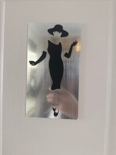 A vertically oriented, rectangular sign is affixed to a plain, light-colored wall or door. The sign features a background of brushed metallic silver, exhibiting vertical striations and reflections of ambient light. Superimposed on this background is a black silhouette of a stylized female figure. The silhouette consists of a wide-brimmed hat, a sleeveless fitted dress, two separate gloved arms with articulated hands, and two distinct high-heeled shoes. The head and lower legs of the figure are absent from the silhouette. A human hand is partially visible behind the lower half of the sign, appearing indistinctly through its surface, with fingers slightly curled. The scene is located in Aragats, Armenia.