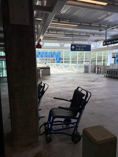 This is a tilted, eye-level medium shot of a covered outdoor walkway in an airport terminal. The walkway is paved with concrete and has a high ceiling supported by metal beams and columns. Natural light streams in from the right, illuminating the scene, suggesting it is daytime.

The primary subjects are several blue luggage carts. One is prominently positioned in the foreground, folded and leaning against a concrete structure. Further down the walkway, a row of identical luggage carts is lined up, some with "SMARTCARTS" branding visible. There are no people clearly visible in the image, though the reflection in the building to the left might suggest their presence.

Two signs are visible, both indicating "Bridge to Terminal." One sign, with a black background and white text, also lists "All Gates Ticketing Bag Claim" and includes icons for a plane, a suitcase, and a shopping bag. The other sign, with a dark blue background and white text, simply points the way. A red illuminated "EXIT" sign is visible on a metal beam in the background.

The overall impression is one of a functional, modern airport environment, likely at a moderate to busy time given the presence of the luggage carts. The concrete and metal architecture suggests a contemporary design.