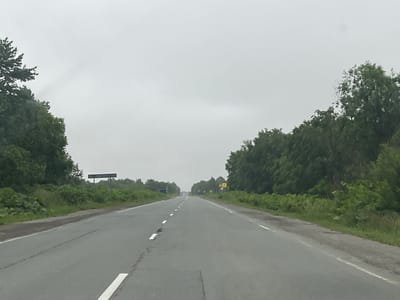 The image shows a straight, two-lane asphalt road with white dashed lines in the center and solid white lines on the right shoulder. The road is lined on both sides by dense green trees and vegetation. The sky is overcast with a light gray cloud cover. There are several road signs visible in the distance on the right side of the road, including a yellow triangular sign with a black symbol and a circular sign with a red border and black symbols. On the left side of the road, a dark rectangular sign is visible on a pole. The scene appears to be a rural or semi-rural area. The location is identified as Starorusskoe, Russia. No people or vehicles are clearly visible in the image. The overall atmosphere is calm and overcast.