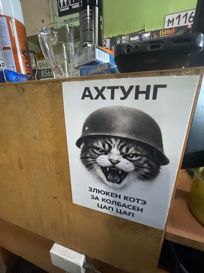 The image is a close-up, rotated shot of a desk or table surface. The primary subject is a poster featuring a black and white image of a cat wearing a military helmet, with its mouth open in a fierce expression. The poster has Cyrillic text, with "АХТУНГ" (Akhtung, meaning "Attention" or "Danger") prominently displayed above the cat's head. Below the cat, smaller text reads "ЗЛЮКЕН КОТЭ ЗА КОЛБАСЕН ЦАП ЦАП" which translates roughly to "Angry cat for sausage, clap clap." A website address, "9v.ru", is also visible.
The poster is placed on a light brown, particleboard surface, possibly a desk or shelf. To the left of the poster, several objects are visible, including a black smartphone, a glass, and various items that appear to be packaging for consumables or products. One item has the text "KENT" and "ПРОБЛЕМА РЕШЕНИ" (Problem Solved). Another item features a license plate-like marking with "M116" and "ЕБАНЫЙ КАЛЕНДАРЬ 2006" (F***ing Calendar 2006). A white power adapter with a green light is plugged into something to the right of the poster. The lighting suggests an indoor environment, likely artificial. The overall impression is a cluttered workspace with a humorous and somewhat provocative poster as the centerpiece.