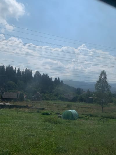 The image depicts a rural landscape in Tatariv, Ukraine, captured during daylight hours under a sky with scattered white cumulus clouds. Multiple parallel utility lines are visible across the upper frame. The foreground comprises an expansive green field with various grasses and some patches of disturbed earth. A small, green-covered, arched structure, resembling a mini-greenhouse, is positioned on the field's right side. In the midground, several wooden houses with dark-colored roofs are sparsely distributed amidst natural vegetation and trees. A dense coniferous forest occupies the hillside beyond the houses, and a single tall, slender tree with light bark stands prominently on the right side of the midground. Distant mountains are visible on the horizon, partially obscured by atmospheric haze. No individuals, animals, or active subjects are present in the scene.
