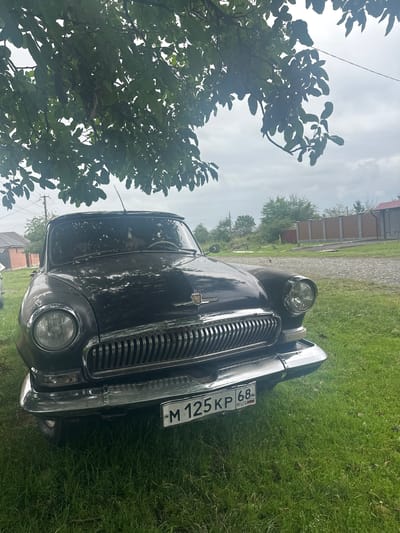 An old, black, four-door sedan, likely a GAZ-21 Volga, is parked on a grassy area next to a gravel road. The car has a chrome grille and circular headlights. A license plate with the inscription "M 125KP 68 RUS" is attached to the front bumper. The vehicle is partially shaded by the leaves of a large tree. In the background, there is a wooden fence, a building with a red roof, and other trees. The sky is overcast. The location is identified as Dzuarikau, Russia.