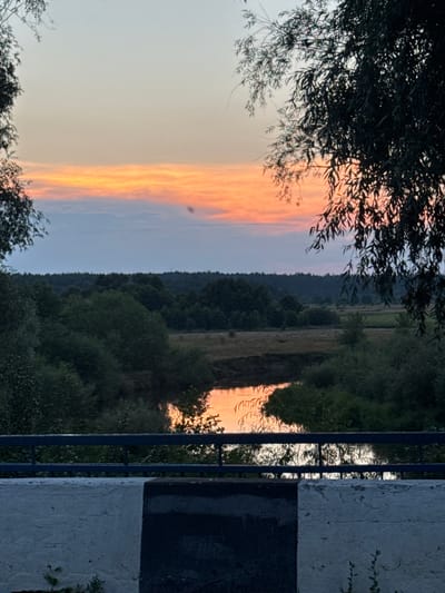 The image depicts a serene natural scene at dusk, likely overlooking a river or body of water in Neman's rural council, Belarus. In the foreground, dark silhouettes of tree branches frame the left side of the image, creating a natural border. To the right, a textured concrete pillar with black and white markings stands prominently, suggesting it might be part of a bridge or a marker.
The central focus of the image is the sky, which is ablaze with the warm hues of a sunset. Streaks of orange and pink paint the sky, transitioning into a soft, pale blue as they ascend. This vibrant sky is reflected in the calm water, casting a warm glow on the scene.
Beyond the water, a dense forest forms a dark, rolling landscape, with hints of fields or meadows visible in the distance. The overall atmosphere is peaceful and tranquil, evoking a sense of calm and natural beauty. The time of day is clearly evening, as indicated by the sunset and the soft, diffused light. The weather appears to be clear, allowing for unobstructed views of the colorful sky. There is no visible text in the image.