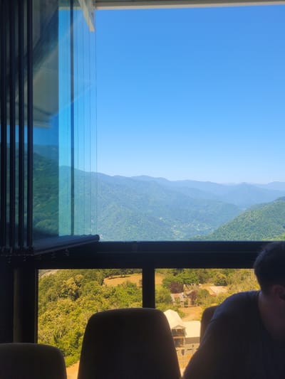 This media file shows a view from a window, likely in a building with large glass panels. The scene is divided into two distinct parts by a dark frame.
The left side of the image is dominated by a vast expanse of clear blue sky. Below the sky, there are several horizontal glass panels, reflecting the sky and a hint of the surrounding environment. These panels appear to be part of a modern architectural design, possibly a balcony or a viewing platform.
The right side of the image reveals a lush, green mountainous landscape under a bright sky, suggesting it is daytime. The mountains are covered in dense vegetation, with visible layers of hills receding into the distance. Scattered within the greenery are some man-made structures, including what appear to be houses with red roofs and other buildings under construction, indicating a rural or semi-rural setting.
In the foreground of the right side, the silhouette of a person is visible, leaning forward and looking out at the view. Their head and shoulders are in shadow, obscuring their facial features. The presence of the person suggests they are an observer, enjoying the scenery. The overall mood appears to be one of contemplation and appreciation of the natural beauty. The lighting and the clear sky suggest fair weather and daytime. The view of mountains and greenery points towards a location with significant natural landscapes, consistent with the provided location context of Milisi, Georgia, which is known for its mountainous terrain. There is no visible text in the image.