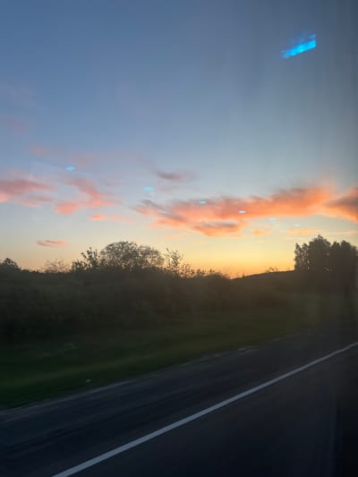 The image depicts a roadside view at sunset or sunrise. The sky is predominantly blue with pink-tinged clouds. The horizon displays a transition from yellow to orange hues. A dark green area with trees is visible along the roadside. The road surface is black with a white lane marking. The image was likely taken from inside a moving vehicle. The presence of a road and trees suggests a location outside of a densely populated city. Without further information, it is not possible to confirm that the image was taken in Федькино, Russia.