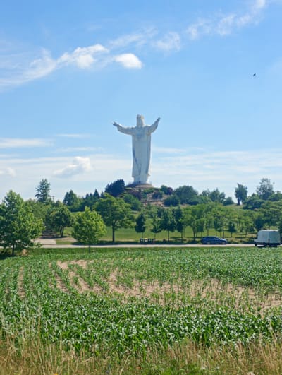 This is an outdoor, eye-level, medium shot captured on a sunny day of the Christ the King statue in Świebodzin, Poland. The statue, a large white figure of Jesus Christ with arms outstretched, is the central subject and is positioned on a hill in the background. The statue is about twice the height of the trees surrounding the hill. In the foreground, a field of young corn is visible, with rows of green stalks stretching across the frame. A paved road runs horizontally through the middle ground, with a blue car and a white van parked on it. Several trees are planted along the road. The sky is clear and blue with scattered white clouds. The overall impression is of a serene and majestic landscape with a prominent religious monument.