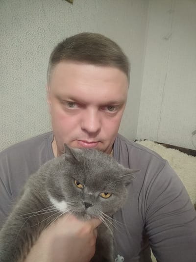 The image is a selfie taken indoors. The main subject is a man holding a gray cat. The man is facing the camera, looking directly at it with a neutral expression. He has short, light brown hair and is wearing a gray t-shirt. The cat, which appears to be a British Shorthair breed, is held in the man's left arm and is looking slightly to the right. It has gray fur with a white patch on its chest and yellow eyes.
The background consists of a textured wallpaper with a light pattern and a portion of what appears to be a couch covered with a fluffy white blanket. The lighting suggests an indoor setting, possibly a home, during the daytime. The overall mood is casual and intimate, as indicated by the selfie format and the way the man is holding his pet. No visible text is present in the image.