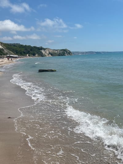 The image shows a beach scene in Topola, Bulgaria, on a sunny day. The foreground is dominated by the sandy beach with gentle waves lapping at the shore. The water is a clear turquoise color. In the middle ground, there is a large, rectangular piece of driftwood or debris partially submerged in the water, covered in green algae. Along the coastline, cliffs covered in green vegetation rise up, with some buildings visible on the top of the cliffs in the distance. There are several white umbrellas and lounge chairs set up on the beach, indicating a resort or a public beach area. A few people are walking along the shoreline. The sky is blue with scattered white clouds. The overall impression is a serene and picturesque coastal landscape.