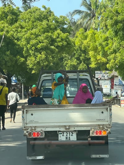 The image captures the rear view of a white Toyota Townace pickup truck traveling on a paved road in Nungwi, Zanzibar, Tanzania. The truck displays a Tanzanian license plate "Z 212 MA". Within the truck bed, four individuals are visible. On the left, a person wearing an orange headwrap over a dark blue garment is seated, facing to the right. In the center, a person, possibly a child, wearing a bright teal head covering and a yellow and floral patterned dress, stands with their right arm extended forward and slightly upward. On the right, a person wearing a bright fuchsia head covering is seated, facing to the right, with a smaller head partially visible in front. To their right, a fourth person, possibly a child, in a light blue/white head covering is seated, also facing right. The truck's taillights are illuminated red. To the left of the truck, two pedestrians walk on a dirt shoulder: a male in a yellow shirt and dark pants, followed by a female in a white top and dark pants. The environment features abundant lush green foliage, including trees and palm trees, under a clear blue sky. On the right side of the road, multiple commercial signs are visible, including one prominent sign reading "BALE & NATURAL AQUA & ZOO" and another mentioning "Zanzibar," corroborating the Nungwi location.