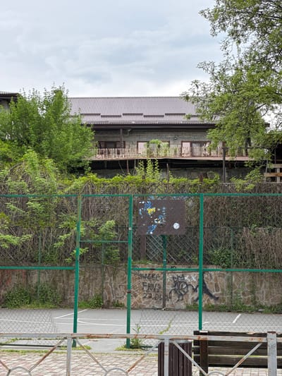 A weathered building with a corrugated metal roof and a balcony sits behind a chain-link fence, overgrown with vegetation. Graffiti marks the stone wall behind the fence. A green metal frame intersects the scene, and a partially visible bench sits to the right. The sky is overcast. This appears to be a neglected area, possibly in Assinovskaya, Russia. No people are visible.