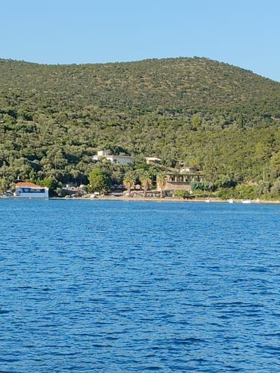 The image depicts a serene coastal scene under a clear blue sky. In the foreground, the deep blue water of the sea is calm with gentle ripples. The middle ground features a shoreline with vegetation, including palm trees and other greenery, leading up to a hillside covered in dense, green trees. Several buildings are visible along the coastline. On the left, a white building with a red roof is situated near the water's edge. Further to the right, a longer, multi-story building with a shaded outdoor seating area is nestled amongst the trees. A few small boats are also visible near the shore. The overall impression is one of a peaceful, natural environment with some human development.