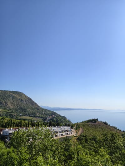 The image captures a panoramic, elevated view of a scenic coastal landscape in Lazurnoe, Ukraine, bathed in bright daylight under a clear, cloudless blue sky. The upper half of the frame is dominated by the vast, unblemished sky, gradually becoming lighter towards the horizon.
In the midground and foreground, a series of lush green mountains and hills define the terrain. The prominent mountain on the left is heavily vegetated with trees and shrubs, revealing some rocky outcrops, and features a few communication towers or antennas near its peak. Along the slopes of these hills, several modern, multi-story buildings with white facades, flat roofs, and dark window frames are nestled amidst the greenery, indicative of residential or resort properties. These buildings showcase balconies and integrated garages.
A winding dirt path or road is visible, connecting some of the developed areas. To the right, a significant portion of a hill is dedicated to a neatly organized vineyard, with rows of grapevines covering the slope. Scattered trees, including tall, slender cypresses, are interspersed throughout the landscape.
The expansive body of water, likely the Black Sea, stretches across the right side and into the distant background, appearing calm and reflecting the clear sky. A faint, hazy line of distant coastline and mountains can be seen across the sea on the horizon. The scene is tranquil, devoid of human activity, and highlights a blend of natural beauty and modern development.