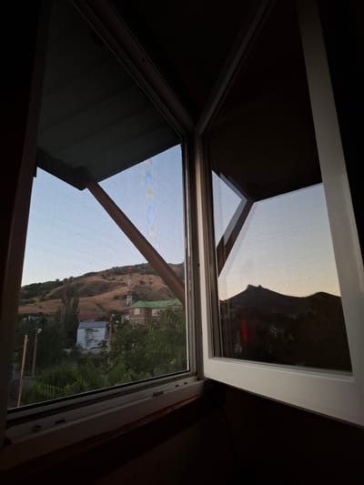The image shows a view through an open window, with a screen on the left pane. The exterior scene captures a hillside with dry, golden grass and scattered green trees. Several buildings are visible on the hillside, including one with a green roof and another with a red roof. A tall radio tower with a red light at the top stands prominently on the hillside. The sky is a pale blue, transitioning to a dusky hue near the horizon, suggesting either sunrise or sunset. In the reflection of the right window pane, a dark mountain silhouette is visible against the twilight sky. The interior of the room appears dark, with the window frame and parts of the room's ceiling visible. The overall impression is one of a rural or semi-rural setting at dusk or dawn.