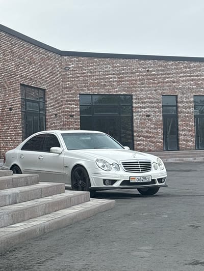 A white Mercedes-Benz sedan is parked on a wet, grey asphalt surface next to a building with a brick facade. The car is angled, with its front facing the viewer. The building has large, dark-tinted windows and a modern architectural style. Several stone steps lead up from the asphalt towards the building. The license plate on the car is partially visible and reads "RSO 0629 CE". The sky appears overcast, suggesting a cloudy day, and the wet surfaces indicate recent rain. The scene appears to be outdoors, likely in an urban or semi-urban environment, given the building and paved area. No people are visible in the image. The overall impression is one of a still, perhaps slightly damp, day in Gizel, Russia.