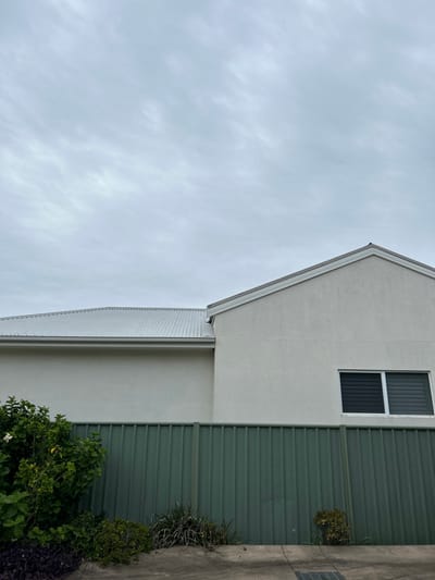 The image displays a residential street view in Thirroul, Australia, under an overcast sky. A dark green corrugated metal fence, approximately 1.5 meters in height, runs horizontally across the midground. Behind the fence, a two-story section of a building is visible on the right, featuring a light beige rendered facade with a pitched roof, white fascia, and a horizontal window fitted with dark louvered blinds. To its left, a single-story section with a light gray corrugated metal roof and a white gutter system extends, connected to a matching light beige rendered wall. The foreground consists of a concrete pathway or slab. Various vegetation grows along the base of the fence: a dense green shrub on the far left, a patch of dry grass and weeds centrally, and a small, low-growing green plant on the right. A metal drain grate is partially visible at the bottom right. No individuals or objects indicating activity are present.