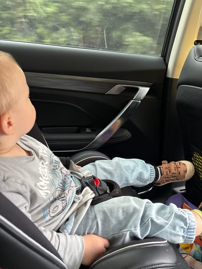 In the interior of a car, a young child is secured in a car seat, facing away from the camera and looking out the window at a blurred green, outdoor environment, possibly trees. The child wears a grey long-sleeved shirt with a blue graphic and light blue pants. A car door handle with a silver finish is visible in the mid-ground, and a black car seat is in the foreground. The background shows a blurry view through the car window, suggesting movement and a rural or natural setting outside the city of Staryi Kumazan, Russia.