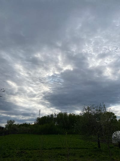 The image shows a landscape in what is likely a rural or suburban area near Тушна, Russia. The sky is predominantly filled with dense, textured clouds, which appear grey and white. A sliver of blue sky is visible behind the clouds. In the foreground to the right, there is a green field or grassy area that extends towards a line of trees. A communications tower is visible among the trees.