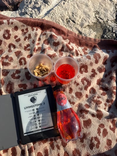 The image shows a leopard-print towel spread on a rocky surface. On the towel, there are two clear plastic cups filled with a reddish liquid, a bottle of San Benedetto Zero Ginger flavored beverage, and an ONYX BOOX e-reader. The e-reader displays text and icons. The rocky surface suggests an outdoor location, possibly near the sea, consistent with the coastal city of Eraclea, Italy. The scene appears to be a relaxed setting for reading and snacking.