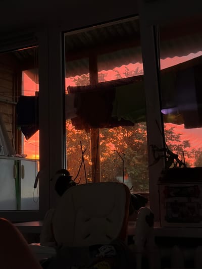 The image depicts a scene from a window in a residential building in the city of Tsentralny, Russia, during a sunset. The sky is a vibrant orange-red hue, with silhouetted trees visible in the background. Laundry is hanging on a line outside the window, suggesting a domestic setting. Inside the room, a partially visible white chair, possibly an armchair, is in the foreground. A toy or stuffed animal with white and black features is also visible. The room appears to be dimly lit, with the sunset light providing the primary illumination. The overall atmosphere is serene and somewhat melancholic, characteristic of a sunset.