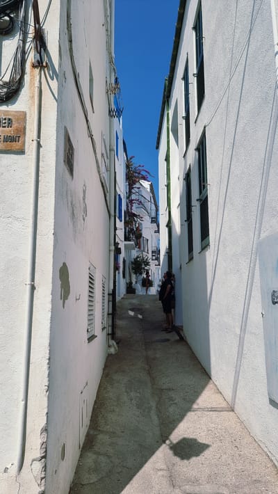 The image depicts a narrow, sun-drenched street in Cadaqués, Spain, characterized by whitewashed buildings with bright blue shutters and balconies adorned with flowering plants. The perspective is looking down the street, with the buildings rising on either side, casting sharp shadows on the paved ground. Two individuals, a man and a woman, are visible standing in the middle ground, looking up towards the buildings. The woman is wearing dark clothing and a straw hat, while the man is in dark shorts and a t-shirt. The scene suggests a warm, sunny day, typical of the Mediterranean coast. The architecture and vibrant colors are indicative of the distinctive style found in this Catalan town, known for its artistic heritage and picturesque setting.