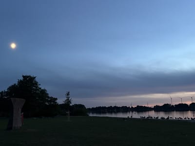 This image depicts a serene dusk scene at the Kleinflecken lake in Neumünster, Germany. A large, illuminated moon hangs in the clear, blue sky on the left side of the frame. The sky transitions to darker hues towards the horizon, where clouds create a soft, pastel gradient of pink and purple, indicative of the setting sun.
The foreground is dominated by a dark, grassy park area. On the left, a large, abstract stone sculpture with carved rectangular indentations stands prominently. To the right of the sculpture, a young tree is visible. Further into the park, several dark rocks are scattered across the lawn.
The middle ground features the calm surface of Kleinflecken lake, reflecting the muted colors of the sky. Along the far bank of the lake, a line of trees forms a dark silhouette against the horizon. Several wind turbines are visible above the treeline, with their blades appearing still.
In the foreground, a flock of geese is gathered near the edge of the lake, some standing on the grassy bank, others in the water. Their dark silhouettes stand out against the lighter water and sky. No humans are present in the image. The overall atmosphere is tranquil and natural, capturing the quiet beauty of the lake at twilight.
