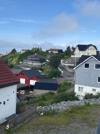 The image depicts a view of Tjeldstø, Norway, showcasing a cluster of residential buildings nestled amongst greenery and rocky terrain. The architecture features a mix of traditional and modern styles, with several houses characterized by pitched roofs and white or light-colored facades. Some structures appear to be boathouses or storage units with red and dark-colored roofing. The landscape is hilly, with paved roads winding through the scene. Vegetation is abundant, with trees and shrubs dotting the landscape and contributing to a natural, somewhat rugged environment. The sky is partly cloudy, with patches of blue indicating fair weather. The overall impression is one of a serene, coastal community.