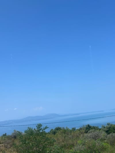 This image is a landscape view under a clear blue sky, likely taken from an elevated position overlooking a body of water and distant hills. In the foreground, there is lush, green vegetation and shrubs. A dark, horizontal line, possibly a power line or wire, stretches across the middle ground. Beyond the vegetation and wire, a wide expanse of blue water is visible, leading to hazy, mountainous terrain in the distance. The scene suggests a natural, possibly coastal or lakeside environment. The location in the Municipal Unit of Menidi, Greece, indicates a geographical context for this natural landscape, which could be a region known for its lakes, mountains, or proximity to the sea.