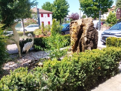 The image depicts an outdoor scene in Montegrotto Terme, Italy, likely in front of a restaurant or trattoria. In the foreground, a well-maintained hedge of green shrubs is prominent. Behind the hedge, a large, textured rock formation stands to the right, contrasting with a decorative metal sculpture of a bird on the left. The ground is covered in small white and gray pebbles. Further back, a white building with red-trimmed windows and a terracotta roof is visible, suggesting a traditional Italian architectural style. Several cars, including a silver hatchback and a dark SUV, are parked in the background, indicating a public or commercial area. Lush green trees and foliage surround the scene, contributing to a natural and well-kept environment. A sign for "La Volpe Trattoria Pizzeria" is partially visible on the right, confirming the location as a dining establishment. The bright sunlight and clear sky suggest a daytime setting. There are no people visible in the image.