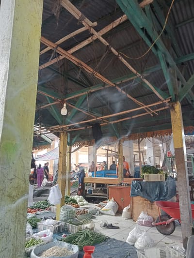 An indoor market scene in Ujung Tanjung, Indonesia, features a weathered wooden and corrugated metal roof structure supported by green and yellow painted pillars and beams. Sunlight filters through gaps in the roof, illuminating piles of fresh produce on the tiled floor. Various vegetables like green beans, carrots, potatoes, and leafy greens are displayed in baskets, bags, and crates. Several individuals, dressed in casual attire, are present, some appearing to be shoppers and others vendors. A red wheelbarrow is visible on the right side of the frame, near a wooden stall. The overall atmosphere suggests a busy marketplace.