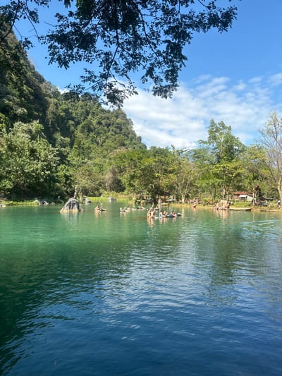 A serene body of water, possibly a lake, occupies the right half. The water transitions from a lighter green near the shore to a deeper blue further out. Lush, green trees and vegetation cover a hillside along the shore, with a few small structures visible. People are wading or swimming in the shallows. The sky above is blue with scattered white clouds. A dark, leafy tree branch hangs in the upper left corner. The image is rotated.