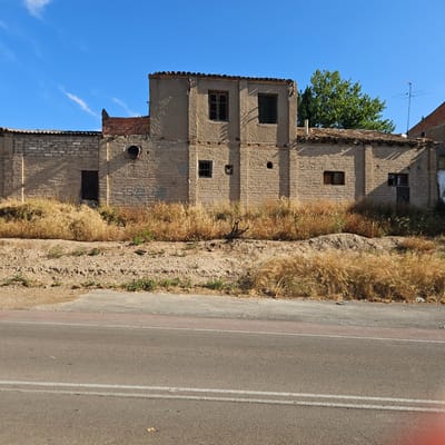 A wide shot captures an abandoned, two-story building made of rough-hewn stone and stucco under a bright blue sky with scattered wispy clouds. The building appears to be in disrepair, with missing roof tiles and several windows boarded up or broken. Dry, golden grass and weeds grow in abundance in front of the structure, obscuring the base and creating a natural barrier. A road runs horizontally across the lower part of the image, featuring a red bike lane and white lane markings. The scene is likely located in Zaragoza, Spain, given the architectural style and vegetation. No people or animals are present in the image. The overall impression is one of neglect and abandonment.