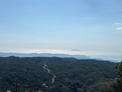 This media file depicts a scenic, high-angle view of a lush, forested mountain range under a clear blue sky. A winding paved road snakes its way through the dense, green vegetation, disappearing into the landscape. In the far distance, a hazy horizon reveals layered mountain ranges and a glimpse of the sea, possibly under a layer of mist or low clouds. The lighting suggests it is daytime, with the sun casting a bright, even light across the scene.

The foreground includes elements of infrastructure, such as a wooden utility pole with wires strung across it, and part of what appears to be a small electrical box attached to the pole. These details suggest the presence of human activity and possibly a viewpoint or a service area. The overall impression is one of natural beauty, remoteness, and a sense of elevation. The location is identified as the Kassopaia Municipal Unit in Greece, which aligns with the mountainous terrain and coastal views often found in the region. There is no discernible text in the image.