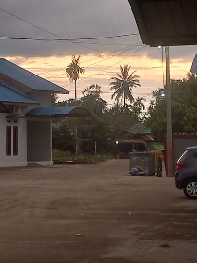 The image depicts an outdoor scene in Puloblang, Indonesia, captured during either sunrise or sunset. The sky, especially on the left and center, is illuminated with warm, soft hues of pale yellow, orange, and light grey clouds, creating a vibrant backdrop.

Several tall palm trees are prominently silhouetted against the bright sky and dense green tropical foliage, appearing across the middle and background of the image. These trees, along with other unidentifiable green growth, indicate a lush, tropical environment. Utility lines and a pole are also visible, cutting across the sky, mostly in silhouette.

In the foreground on the left, part of a building with a distinct light blue corrugated roof and white or grey walls is visible. On the right side of the frame, a dark-colored car, possibly blue or grey, is parked with its rear section and one wheel visible on a rough, unpaved road or pathway that extends towards the background. Through the trees in the distance, glimpses of other modest structures or stalls can be discerned.

The scene portrays a quiet, static moment without any visible people or ongoing activity. The time of day, characterized by the warm, low light, imparts a calm and serene atmosphere to the rural or semi-urban setting. There is no visible text in the image.