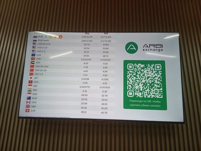 The image shows a digital currency exchange rate display mounted on a wall with vertical wooden paneling. The display shows a list of currency pairs with their buy and sell rates. The currencies include RUB, USD, EUR, VND, AED, CNY, JPY, HKD, IDR, INR, SGD, AUD, CAD, GBP, and CHF. To the right of the currency list, there is a QR code with the text "Переходи по QR, чтобы сделать обмен онлайн" which translates to "Scan the QR code to exchange online". Above the QR code is the logo and name "ARBI exchange". The wall paneling appears to be a light brown or beige color. The overall scene is a commercial setting, likely a currency exchange office. There are no people visible in the image. The location is Karon, Thailand.