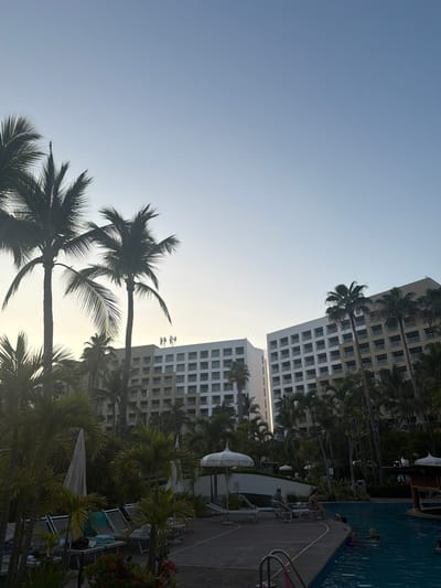The image, taken in Las Jarretaderas, Mexico, shows a partial view of a resort complex during daylight. The sky is a pale blue. Palm trees are visible in the lower part of the image and are situated near the left and center. Above the trees are light colored buildings with repetitive windows. To the right is a portion of a swimming pool with people inside. Along the edge of the pool are chairs and plants. The image is rotated.