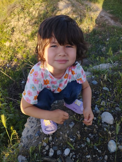 A young girl is captured in an outdoor, natural setting, likely in Mingchinar, Uzbekistan. She is seen crouching or squatting down, looking directly at the camera with a calm and slightly thoughtful expression. Her dark, wavy hair frames her face, and she has bangs across her forehead. She is wearing a white short-sleeved t-shirt adorned with colorful floral patterns in pink, orange, and light blue, paired with dark blue pants or jeans. On her feet are light purple clogs or sandals, each featuring a yellow teddy bear embellishment on the top.

Her hands are positioned near the ground, and in one closer view, she appears to be delicately holding a blade of green grass. The immediate foreground and the area around her are covered with loose dirt, small grey and brown pebbles, and sparse patches of green grass and dried weeds. The background shows more of this uneven, earthy terrain, including a slightly elevated area or slope with similar vegetation and a visible dirt path or track.

The lighting suggests it is either late afternoon or early evening, characterized by warm, golden sunlight that highlights parts of her face and hair, and creates soft shadows across the landscape. The overall atmosphere is peaceful, capturing a moment of the child's interaction with her natural surroundings. There is no visible text in the image.