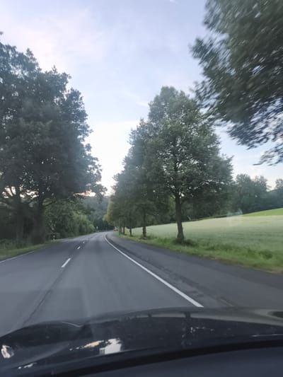 A slightly blurry, wide-angle, eye-level perspective captures a view from the inside of a vehicle moving along a paved road that curves to the right. The road is asphalt, with a white dashed line on the left and a solid white line on the right, separating it from the shoulder. To the right of the road is a grassy field, and further in the distance, a line of trees forms a gentle curve against a hazy sky. On the left side of the road, a dense line of trees borders the road, with a few larger trees dominating the foreground. In the distance, a wooded hillside is visible under a pale, overcast sky with hints of sunset colors. A red vehicle is partially visible on the road in the distance, heading in the same direction. The bottom of the image shows the dark dashboard of the vehicle, reflecting some light and dirt. The scene appears to be on the outskirts of Eitorf, Germany, likely in a rural or semi-rural setting.