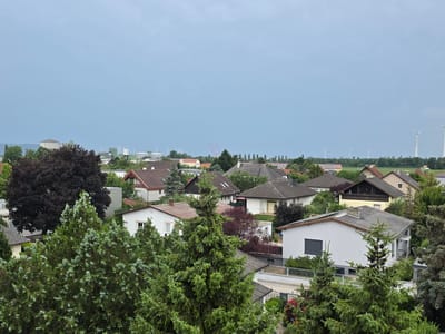 This is a medium-shot, eye-level, outdoor photograph of a suburban neighborhood with a backdrop of industrial buildings and wind turbines. The foreground is dominated by lush green trees and coniferous plants, some with dark-colored cones, partially obscuring the view of the houses behind them. Several houses with tiled roofs are visible, varying in size and architectural style. Some have solar panels on their roofs. In the middle ground, a few more houses are visible, along with some taller, darker trees. Further in the background, beyond the residential area, are industrial structures including large white water towers or storage tanks, green buildings that appear to be part of a factory or power plant, and red construction cranes. A row of wind turbines are scattered across the horizon, with several more prominent ones on the right side of the image. The sky is overcast and a muted blue-gray, suggesting a cloudy or pre-stormy day. The overall scene depicts a mixed residential and industrial landscape under a somber sky. No people are visible in the image. The location is identified as Bruck an der Leitha, Austria.