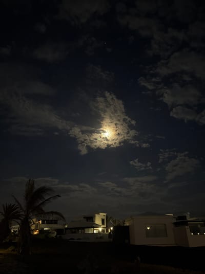 The image captures a tranquil night scene, presented in a vertical orientation. The left and central portions are dominated by a dark sky, illuminated by a brilliant moon peeking through scattered clouds.

The moon, positioned towards the center-left, is the brightest element, casting a strong glow that highlights the edges and forms of various cumulus clouds. These clouds range from thick, bright formations directly around the moon to thinner, darker wisps stretching across the sky. Faint stars are visible in the clearer, darker patches of the night sky.

On the right side of the frame, several modern white buildings or houses stand. These structures feature clean lines and multiple windows, some of which are brightly lit from within, creating warm, yellow-orange reflections and contrasting with the cooler moonlight. In the lower right foreground, a dark silhouette of a palm tree is visible, its characteristic fronds adding a tropical element to the scene.

There are no people or explicit activities depicted, contributing to the serene and still ambiance of the evening. The combination of contemporary architecture, the palm tree, and the clear, moonlit night suggests a peaceful setting in a warm environment, aligning with the provided location context of Yaiza, Spain. No text is visible in the image.