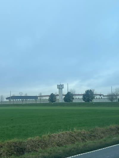 This image depicts the Annœullin Prison (Centre de Détention d'Annœullin) in Annœullin, France, under an overcast sky. The foreground is dominated by a flat, vibrant green field. At the very bottom of the frame, a narrow strip of darker, matted vegetation borders a faint white horizontal line, suggesting the edge of a paved surface or road.

In the middle ground, the prison complex is visible, characterized by a tall, light-grey concrete guard tower positioned slightly to the left of the vertical center, featuring a square observation booth at its apex and a small antenna or weather vane. Two dark green, conical evergreen trees flank the base of this tower. Extending horizontally across the scene is a long, light-colored concrete perimeter wall, behind which several multi-story buildings with light facades and reddish-brown roofs are visible. Scattered bare deciduous trees line the exterior of the complex. To the far left, a large, dark grey structure with a flat roof is present, and a tall metallic pylon, resembling a stylized 'W', stands in the background. Overhead, faint power lines stretch horizontally across the middle and upper portions of the image. The sky is uniformly light blue-grey, indicative of an overcast condition. No individuals are visible in the scene.