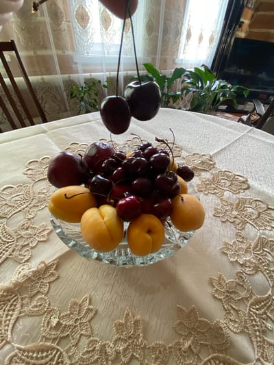A bowl of fresh fruit, consisting of apricots and cherries, sits on a lace-trimmed tablecloth. The bowl is made of clear glass and is placed on a table covered with a beige tablecloth. The tablecloth features an intricate lace border. In the background, there are two wooden chairs, a window with white lace curtains, and potted green plants. A television is visible to the right. The image appears to be taken indoors, possibly in a dining room or living room. There is no indication of the specific location within the city of Askarovo, Russia.