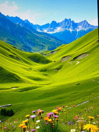 This is a scenic landscape photograph depicting rolling green hills and majestic mountains under a clear blue sky. In the foreground, a vibrant meadow is filled with an assortment of colorful wildflowers in shades of yellow, orange, purple, and pink. The hills are covered in lush green grass, with subtle undulations and shadows that suggest a gentle, undulating terrain. A winding dirt path can be seen traversing the hillside in the middle ground. In the distance, a range of rugged mountains rises, their peaks capped with snow, creating a stark contrast against the blue sky. The overall impression is one of natural beauty and tranquility.
The provided metadata indicates that this image is located in the Жданов ауылдық округі (Zhdanov Rural District) in Kazakhstan. This region is known for its vast steppes and mountainous areas, which would be consistent with the landscape depicted in the photograph.