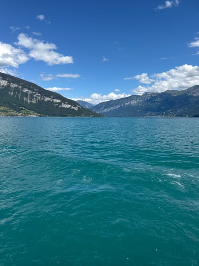 The image depicts a view of Lake Thun in Switzerland on a clear, sunny day. The foreground is dominated by the turquoise waters of the lake, with gentle ripples creating texture. In the mid-ground, the shoreline is visible, lined with lush green hills dotted with houses and buildings, indicating a populated area. Towering mountains rise behind the shoreline, their slopes covered in dark green forests, with patches of lighter rock faces and some snow visible near the peaks. The sky above is a vibrant blue, adorned with scattered white, fluffy clouds. The perspective suggests the photo was taken from a boat on the lake, looking towards the mountains and the opposite shore.