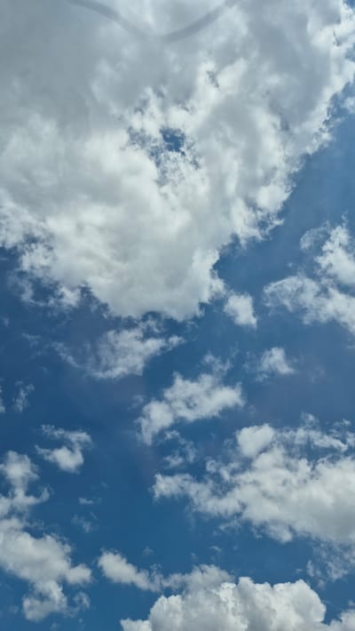 A vertical, medium-shot, full-frame photograph captures a sky filled with a dynamic mix of white and grey clouds against a vibrant blue backdrop. The clouds vary in density and shape, with some appearing wispy and scattered, while others are more voluminous and textured. The lighting suggests a sunny day, with the sun likely positioned above or behind the clouds, casting soft illumination. There are no people, structures, or discernible geographical features visible. The image's perspective is from ground level looking upwards. This image appears to have been taken in Ialoveni, Moldova.