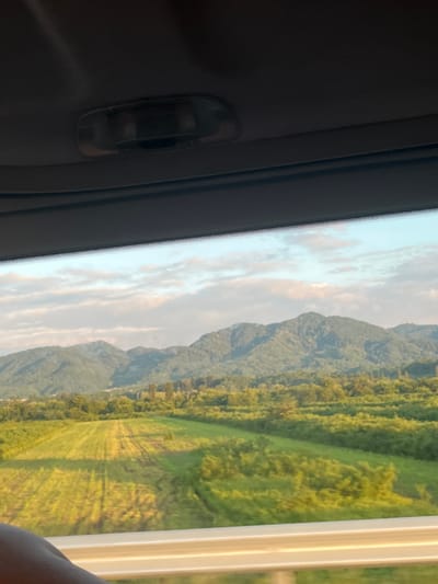 The image shows a view from inside a vehicle, looking out a window at a rural landscape. In the foreground, the dark interior of the vehicle is visible at the top, with a dome light assembly. A white railing runs horizontally across the bottom of the image, suggesting it is from a car, train, or bus. The main subject is a wide expanse of green fields, some appearing cultivated with rows, stretching towards a backdrop of lush, tree-covered mountains. The sky above is a pale blue with scattered white and grey clouds, illuminated by what appears to be late afternoon or early morning light. The overall scene is tranquil and pastoral. The location is identified as Lesi Community, Georgia.