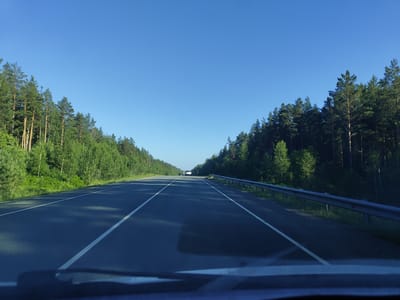 The image depicts a view from inside a vehicle traveling on a paved, two-lane road with a clear blue sky overhead. The road is bordered on both sides by dense pine and deciduous forests. White lane markings are visible on the asphalt. A metal guardrail runs along the right side of the road. In the distance, two vehicles are visible on the road, one in the left lane and one in the right lane. The scene appears to be a rural or semi-rural area, possibly a highway or major road passing through a forested region. The presence of a forest and a highway suggests a location outside of a densely populated urban center. Based on the context provided, this scene is located in Litvinovka, Russia.