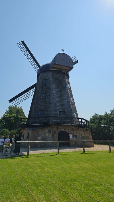 A historic, dark-wood windmill stands in an outdoor setting under a clear blue sky. The windmill has a stone and brick base and features large wooden sails. Several small windows are visible on the windmill's body, and a wooden walkway encircles its upper section. A sign above an arched doorway on the base reads "1924." To the left of the windmill, a group of four individuals, two women in the foreground and two women behind them, stand on a gravel path. They are casually dressed and appear to be observing the windmill. The area in front of the windmill is covered with green grass, and a wooden fence runs horizontally across the foreground. Trees form a backdrop to the right of the windmill. The scene is likely located in Tylinava, Lithuania.