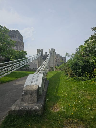 The image shows a view of Conwy Castle in Llandudno Junction, United Kingdom, from alongside a suspension bridge. The castle's stone walls and towers rise in the background, partially obscured by trees and foliage. A gray stone walkway with a dark asphalt path runs along the right side of the image, adjacent to a grassy area with wildflowers. The white suspension bridge cables are visible, with a gray stone base for the bridge's support. The sky is overcast with some visible clouds.